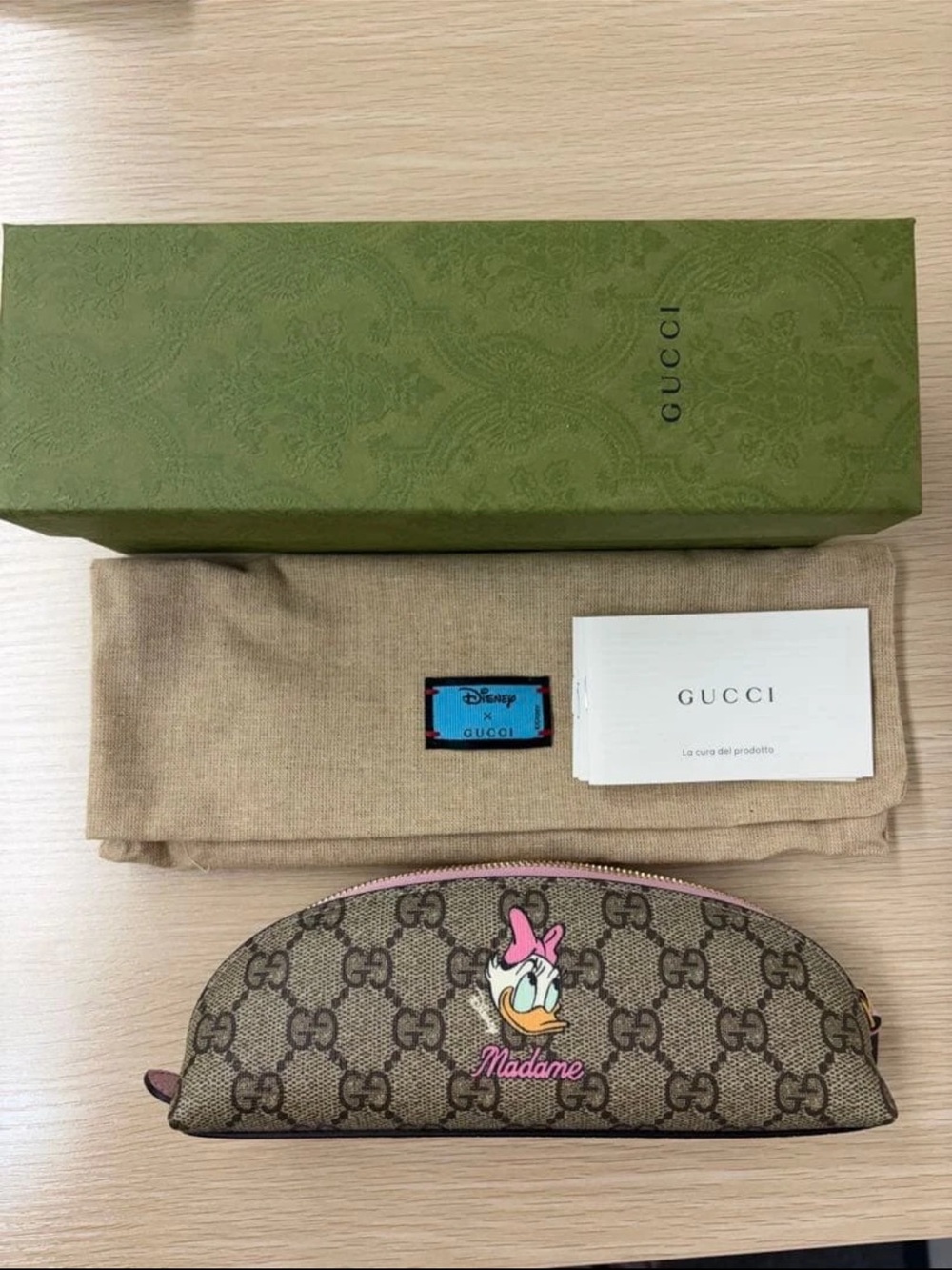 Gucci Brown GG Canvas Cosmetic Pouch with Pink Daisy Duck Accent